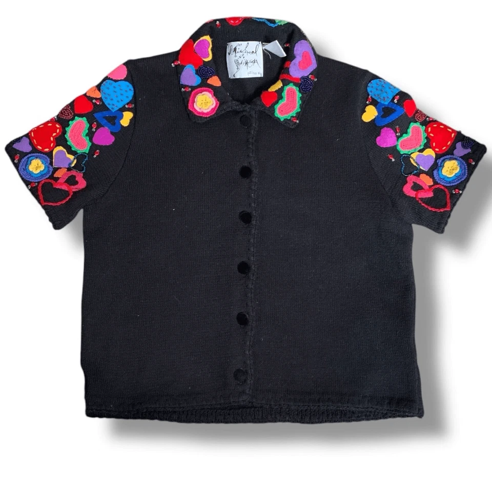 Cárdigan Recortado Michael Simon Vintage Años 90 Tejido Abotonado Negro Colorido Corazón