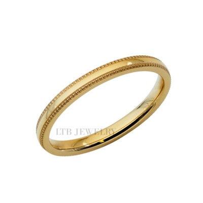 14K SOLID YELLOW GOLD MENS WOMENS WEDDING BANDS, MILGRAIN SHINY FINISH 2MM 
