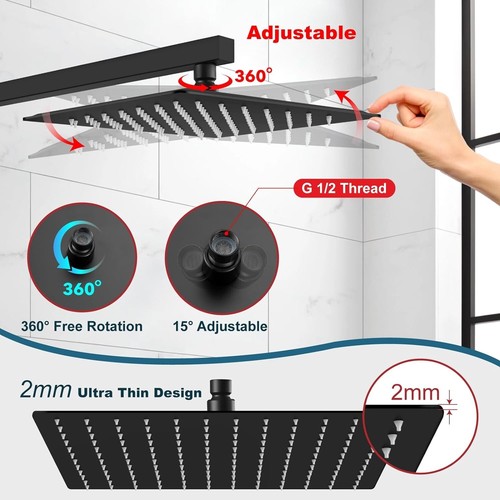 12 Inch Square Stainless Steel Rain Shower Head Large Matte Black High Pressure - Picture 6 of 8