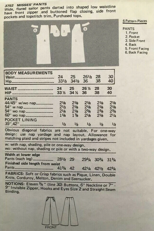 1974 Vintage Sewing Pattern W28" SAILOR PANTS (1897) Butterick 3752 - Image 2 of 2