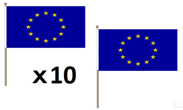 Pacco 10 Bandiere Europa 45x30cm con Asta in Legno - Kit Unione Europea