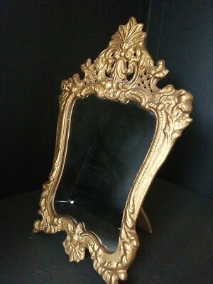 Gold Gilded Cast mirror 13'' tall 8 '' wide tripod marked ''L'' Interior 6.5 x 5'' 