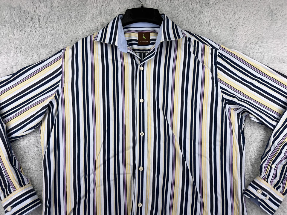 Camisa masculina TailorByrd grande azul amarela roxa listra de botão golfe 100% algodão - Imagem 4 de 4
