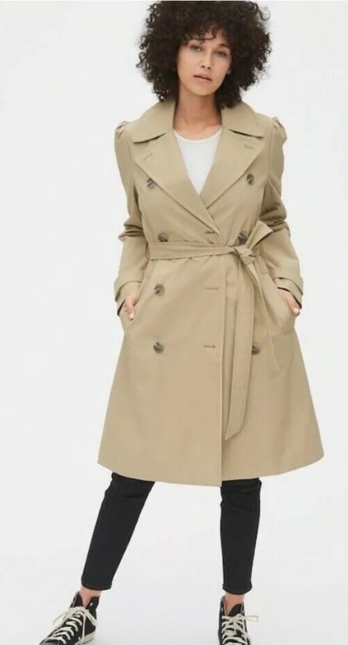 New Gap Women Puff Sleeve Belt Tie Khaki Tan Button Trench Coat Sz XL Tall