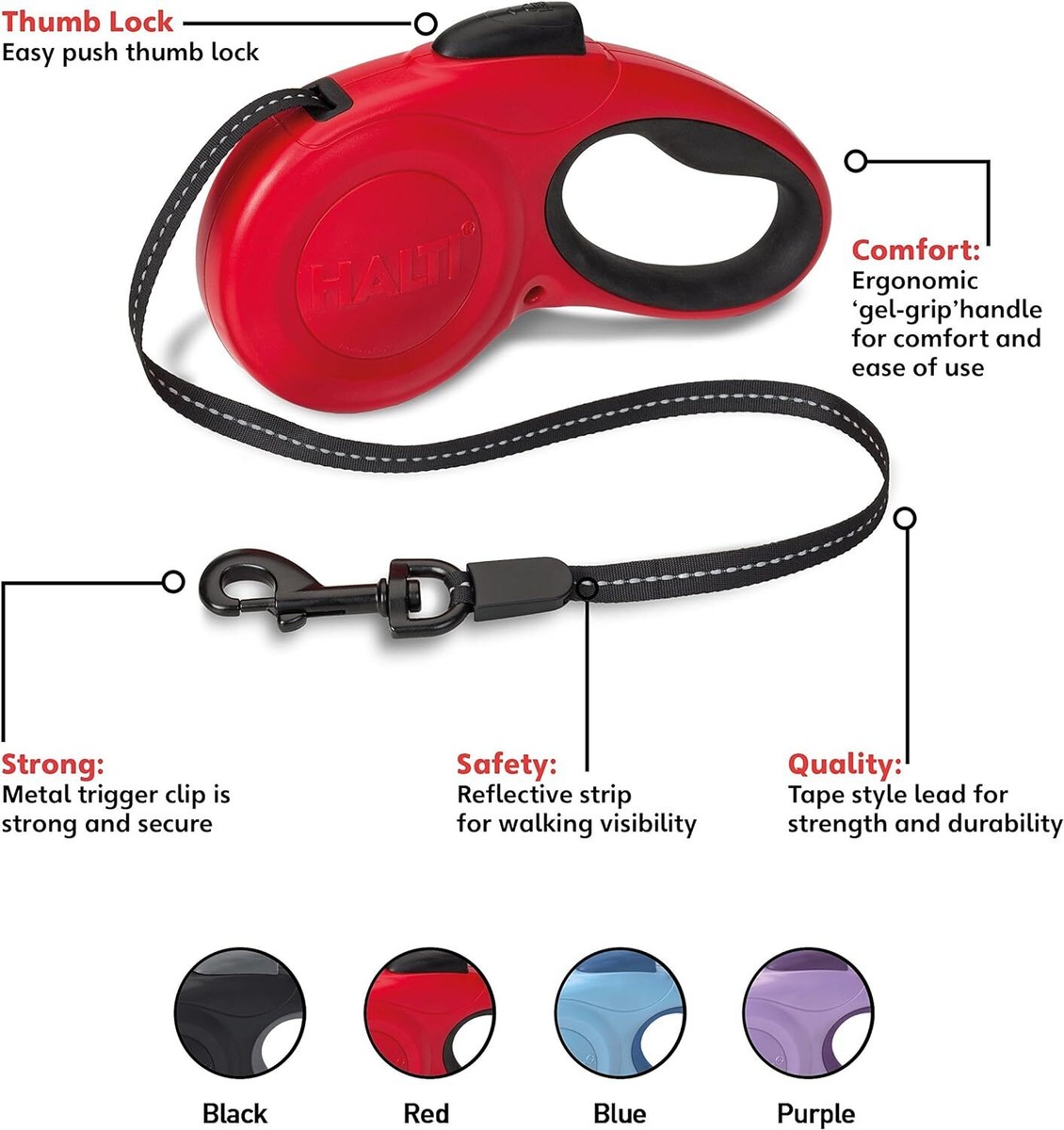HALTI Retractable 3m Lead for Dogs in Red, Strong Reflective up