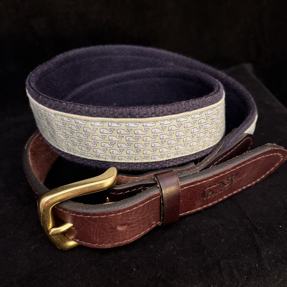 Vineyard Vines Whale Belt Size 30 Brown Leather Navy Canvas  display picture 1
