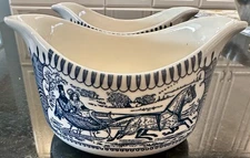 Vintage Currier & Ives Blue & White Horse and Carriage Double Spout Gravy Bowl