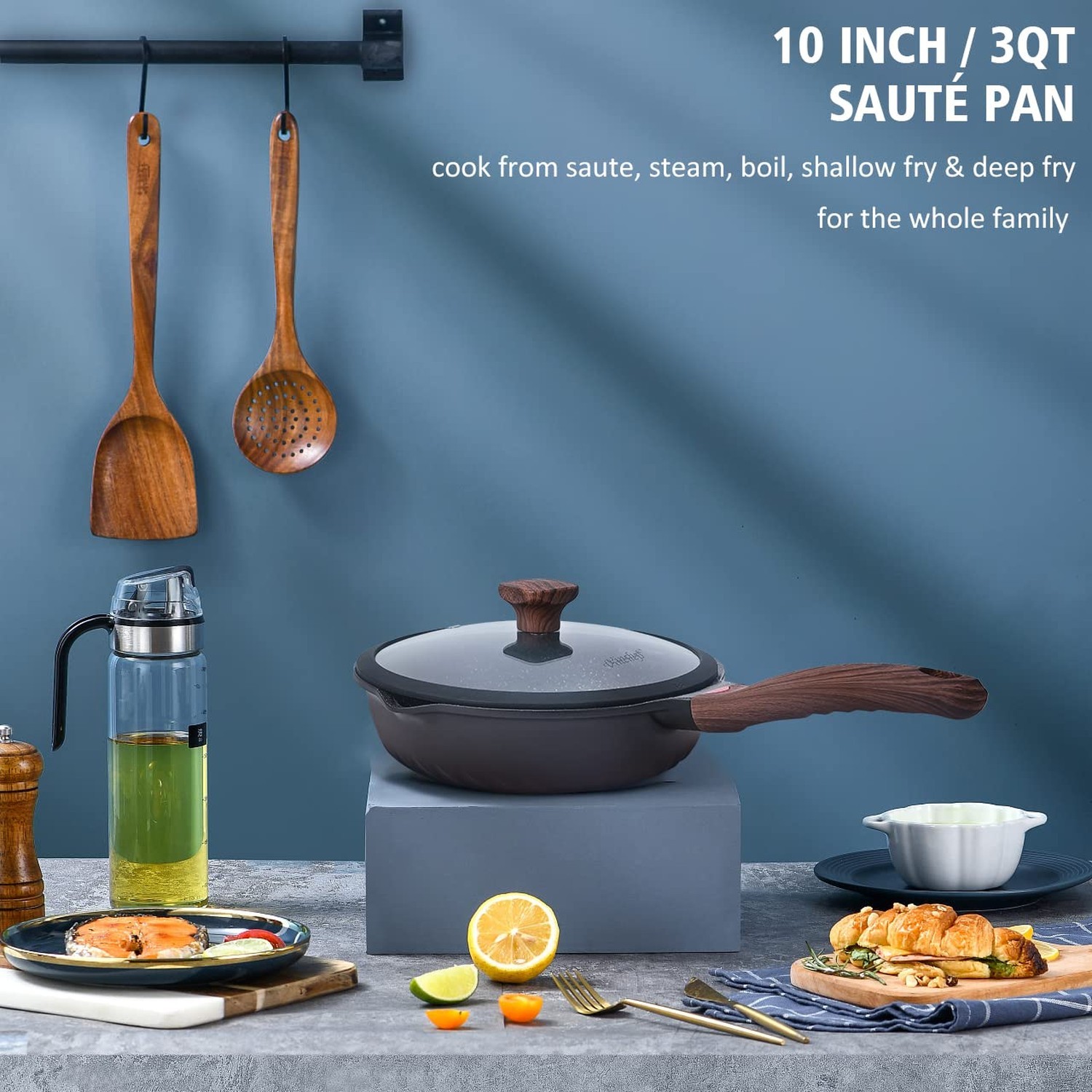 Vinchef Nonstick Deep Frying Pan Saute Pan with Lid, 10in/3Qt Skillet Pan, Ge...