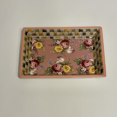 MacKenzie-Childs Pink Floral & Check Ceramic Trinket Tray Vanity Catchall New