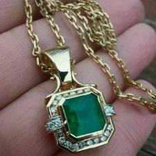 14k Yellow Gold Plated Plated 4.00Ct Colombian Lab Created Emerald Cut Pendant