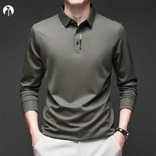 New Men's Business Casual Long Sleeved Shirt with Badge Solid Color Polo Shirt F