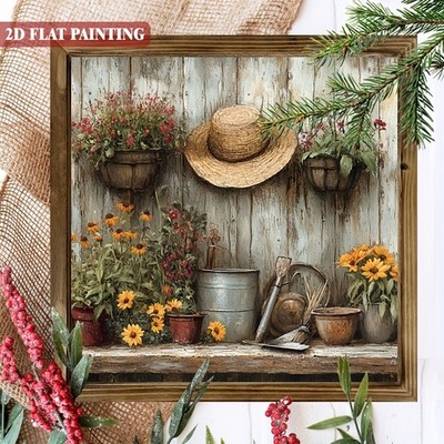 2D Framed Wooden Farmhouse Wall Sign Garden Tools Art with Still Life Home Decor