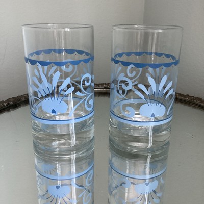 Set of 2 Vintage Libby Crisa Juice Glasses Blue Floral 4  Cute