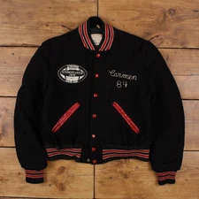 Vintage DeLong Varsity Coat M 70s Chain Stitch Letterman Black