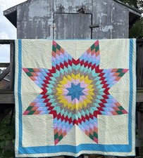 Vintage Hand-Stitched Lone Star Quilt Cream Blue Colorful Patchwork 68x68