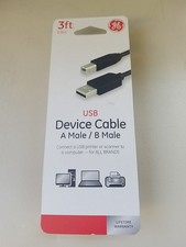 G.E. 3 Foot USB Device Cable A Male/B Male Connect Printers Scanners To Computer