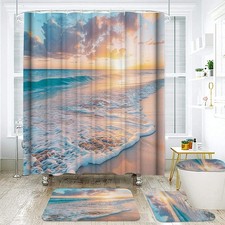 4 PCS Beach Ocean Shower Curtain Set With Rugs Bathroom Accessories Fabric