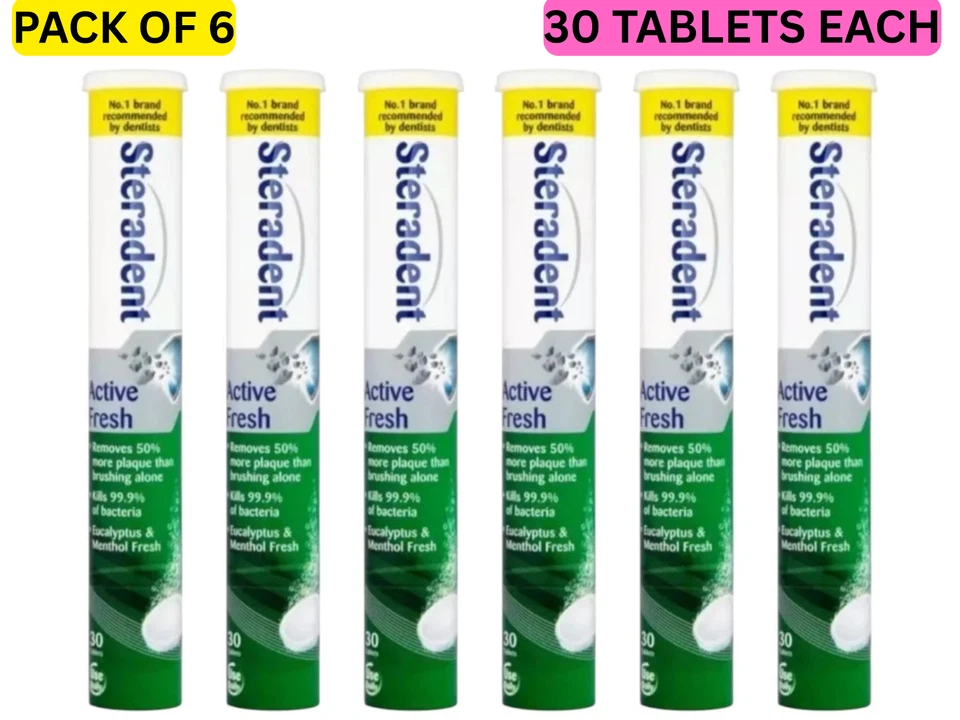 6 Pack Steradent Tablets Active Fresh 30 Tabs Each, Cleanse Dentures-Exp:11/2025