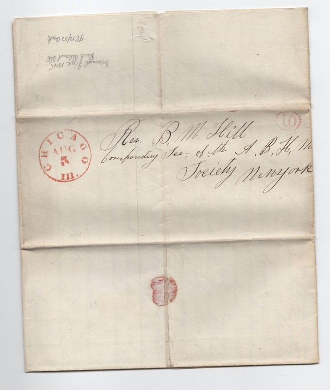 1845 Chicago, IL stampless PIONEER MINISTER LETTER from Rock Island, Travels Etc