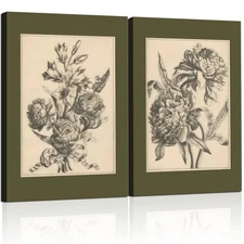 2 Pcs Framed Flower Sketch Wall Art Sage Green Floral Poster Vintage Botanica...