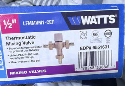 Watts LFMMVM1-CEF Thermostatic Mixing Valve 1/2 in Brass PEX Barb 150 psi
