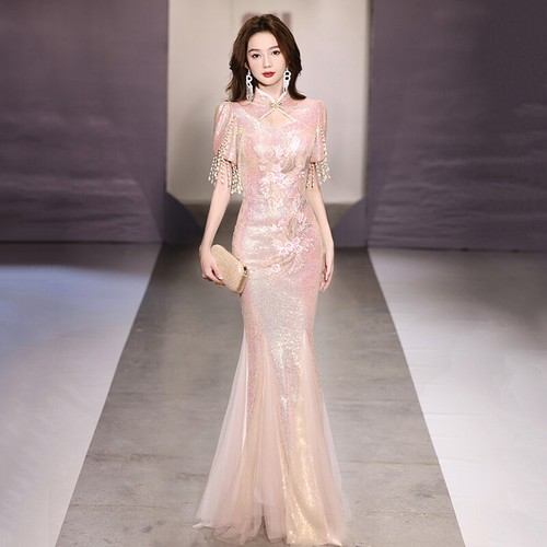 New Chinese Cheongsam Evening Gown Luxury Toast Pink Sequins Flash Wedding Dress - Picture 20 of 23
