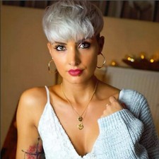 Natural Short Gray Wigs for Women With Bangs Pixie Cut Dark Roots Gray Wigs