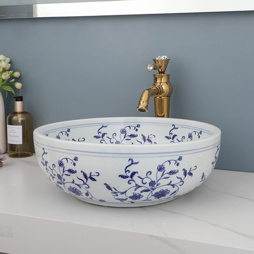 Bathroom Blue Ceramic Round Basin Bowl Vessel Sink Mixer Gold Faucet Drainer - Picture 3 of 9