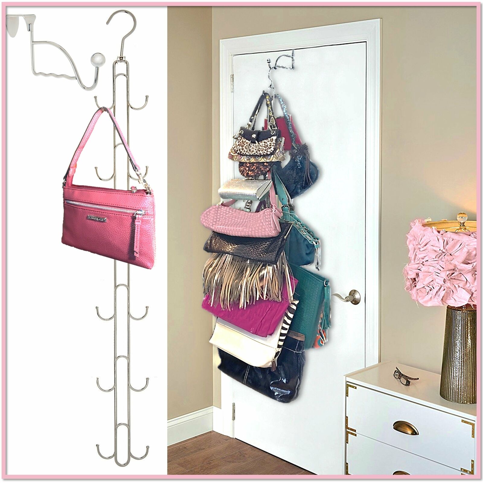 Over Door Hanging Purse Storage - Holds 50 lbs, rotates 360 for easy  access; Purses, Handbags, Satchels, Crossovers, Backpacks, 12 Hooks, Chrome