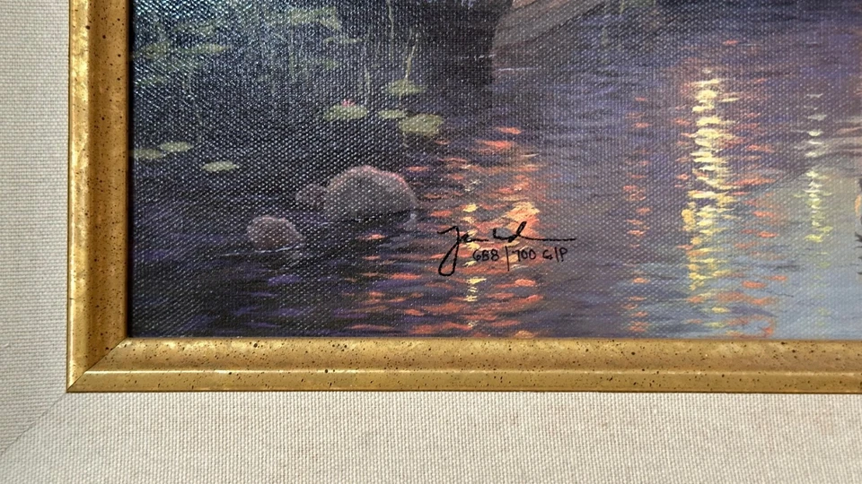 Lienzo firmado G/P Thomas Kinkade edición limitada - puesta de sol en Lamplight Lane 18x27 Foto 4 de 4
