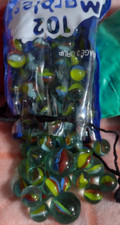 Vintage Opened "B"Vinyl Bag of 102 Tri-colored Cat's Eye Marbles with 2-Shooters