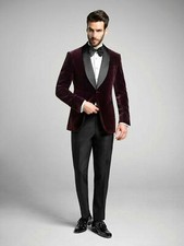 Mens Classic Burgundy Velvet Blazer Luxury Party Wear Wedding Dinner Jacket Coat