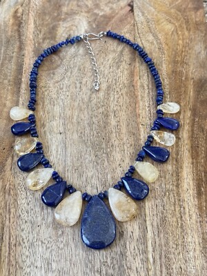 Sterling Silber DTR Eichelhäher König Lapislazuli Citrin Perlen Statement Halskette 19''