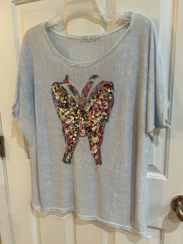 Women's Pale Blue LARGE Top Light-Weight Sequined Butterfly Knit Summer