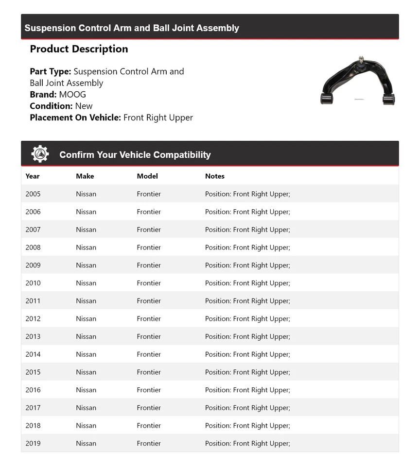 Brazo de control delantero derecho superior MOOG 2005 2006 2007 para Nissan Frontier 2005-2019 Foto 2 de 4