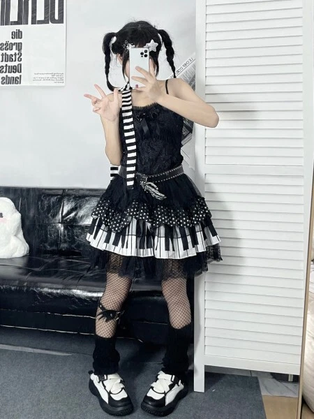 Harajuku Y2k Punk Piano Key Wave Dot Lace Skirt Japanese Gothic