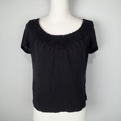 ESCADA Black Silk Crepe Ribbon Ruffle Detail Shirt sz 36 blouse top short sleeve