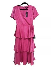LULUS SMALL Pink Fuschia Ruffled Side Tie Zipper V-neck Maxi Dress Prom NWT READ