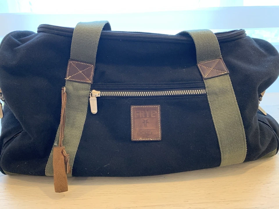 Bolsa de viagem FRYE enorme lona preta viagem couro cavalo louco mala VINTAGE - Imagem 2 de 4