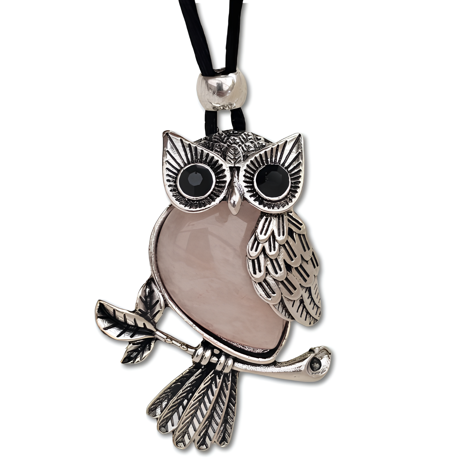 Owl Pendant Rose Quartz Necklace Natural Gemstone Cord Healing Chakra Jewellery