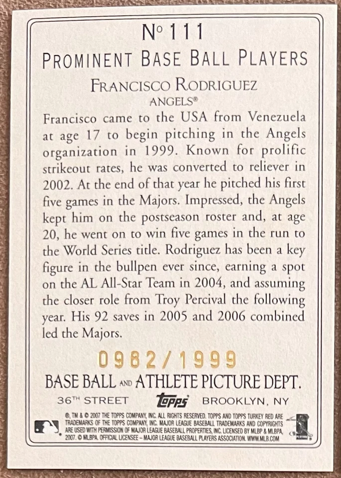 Francisco Rodriguez 2007 Topps Turkey Red Chrome #111 /1999 Angels Parallel Card - Image 2 of 4
