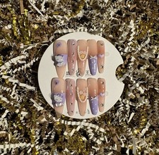 Long Coffin 3D Press-On Nails Purple Cat Flower Full Cover