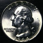 1964 Washington Quarter 25c US Coin 90% Silver Philadelphia Mint GEM BU