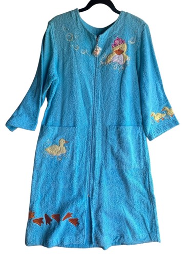 Quacker Factory Reißverschluss vorne hellblau Chenille Morgenmantel Gummi Enten Größe XS - Bild 1 von 16
