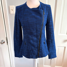H by Halston Womens Sz 4 Tweed Blue Zippers Asymmetrical Jacket Blazer Career
