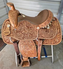 New 15" David Motes Roper Saddle with Tooling & Ostrich Seat by SaddleSmith Co.