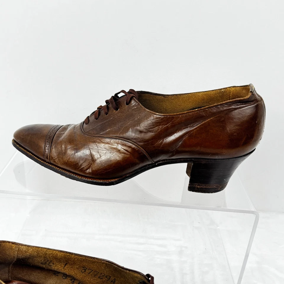 1920s Victorian Oxford 36 Women Brown Leather 2" Heels Pointy Toe Lace Up Boot - Image 4 of 4