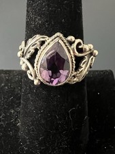 Sterling Silver 925 Purple Teardrop Amethyst Coiled Bead Band Ring 8.75