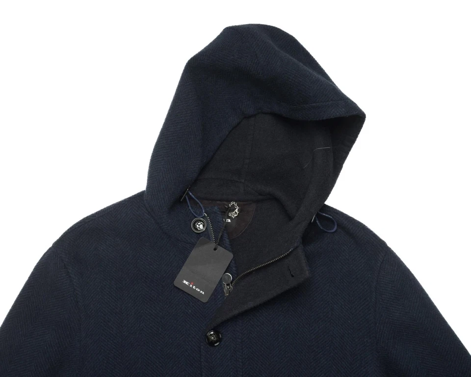 Kiton $13,780 NWT Navy Blue Herringbone 100% Cashmere Coat Overcoat (50 IT) M - Image 3 of 4