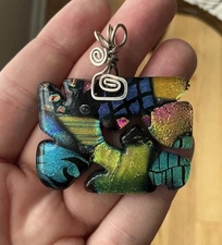 Artisan Carved Molded Dichroic Glass Pendant Signed Sterling Setting 2”